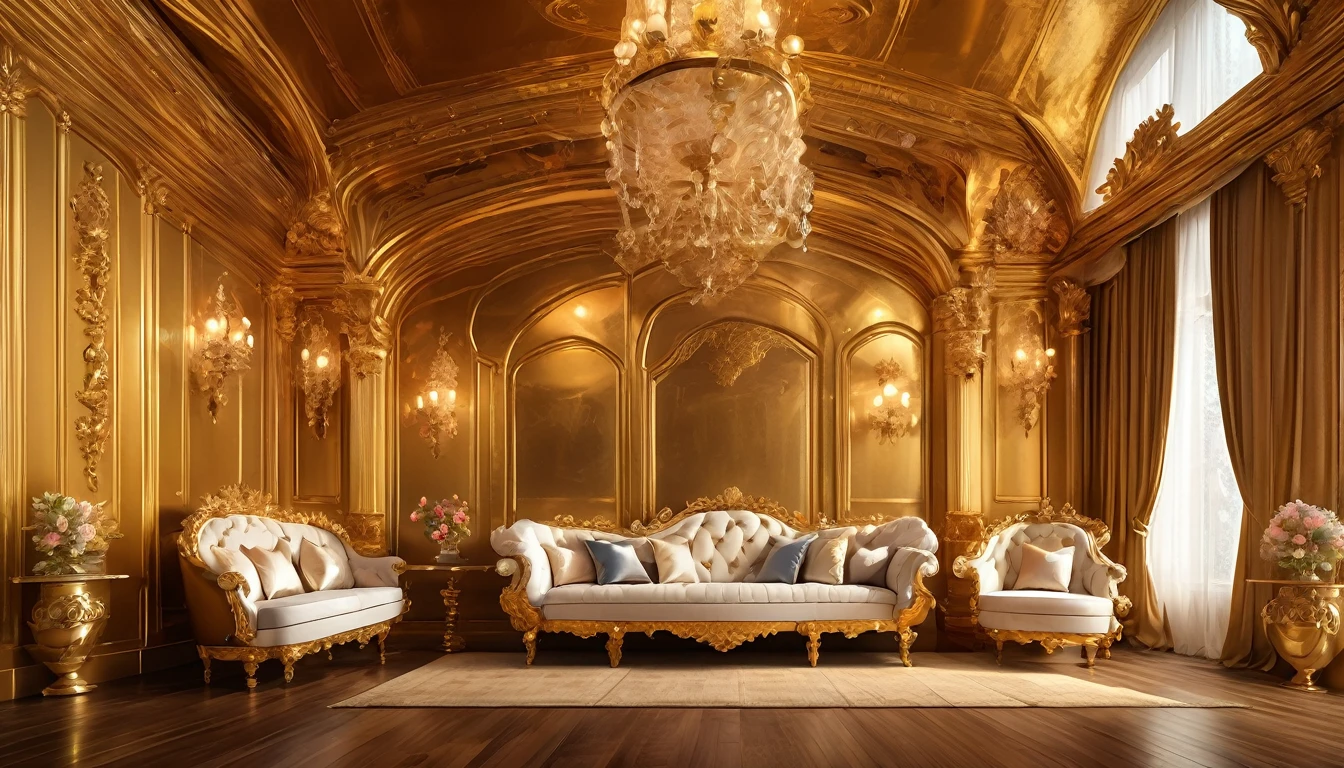 (masterpiece),(highest quality), highres, (extremely detailed), (best lighting) Luxurious carriage interior, shining reflective wooden floors, baroque, renaissance, opulent sofa with goldleaf armrests in front, small windows on panelled walls on both sides, carriage, small wall-attached table, golden lamp above, apliques, carved reflective baroque ceiling with floral pattern, crisp image quality, symmetrical environment