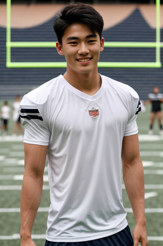 single: 1.5, (ที่TRUEแล้ว, Masterpiece, 8k HD, good light quality, sportswear, to fit the face, complicated details), A handsome Korean man with muscular arms.. , 20 years old, be happy, smile brightly, detailed face, delicate eyes, look at the sky, Wear a tight white t-shirt.:1.6 ., black eyes, Black hair color, ผมsmooth, smooth,SurTRUE,Excellent details,Highest quality,TRUE,Open your mouth to talk.. , Close your eyes.., (standing in the football field:1.5)