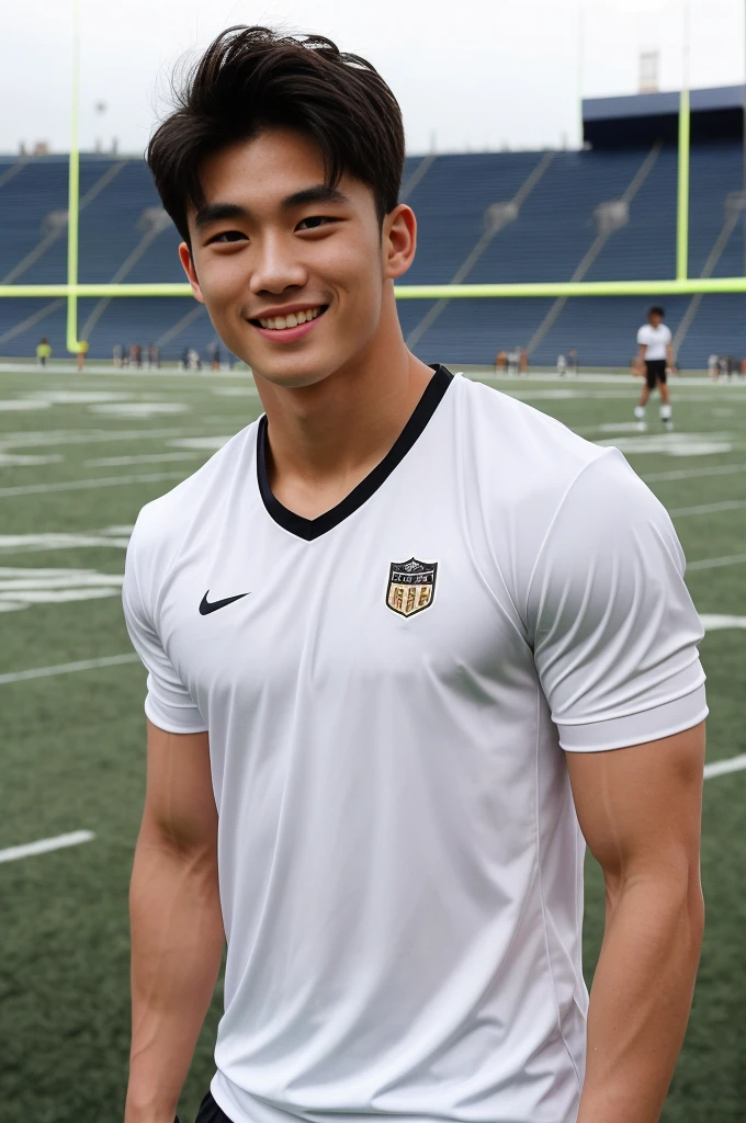 single: 1.5, (ที่TRUEแล้ว, Masterpiece, 8k HD, good light quality, sportswear, to fit the face, complicated details), A handsome Korean man with muscular arms.. , 20 years old, be happy, smile brightly, detailed face, delicate eyes, look at the sky, Wear a tight white t-shirt.:1.6 ., black eyes, Black hair color, ผมsmooth, smooth,SurTRUE,Excellent details,Highest quality,TRUE,Open your mouth to talk.. , Close your eyes.., (standing in the football field:1.5)