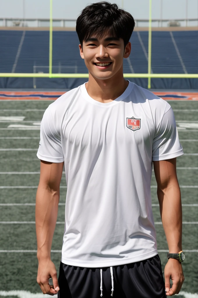 single: 1.5, (ที่TRUEแล้ว, Masterpiece, 8k HD, good light quality, sportswear, to fit the face, complicated details), A handsome Korean man with muscular arms.. , 20 years old, be happy, smile brightly, detailed face, delicate eyes, look at the sky, Wear a tight white t-shirt.:1.6 ., black eyes, Black hair color, ผมsmooth, smooth,SurTRUE,Excellent details,Highest quality,TRUE,Open your mouth to talk.. , Close your eyes.., (standing in the football field:1.5)