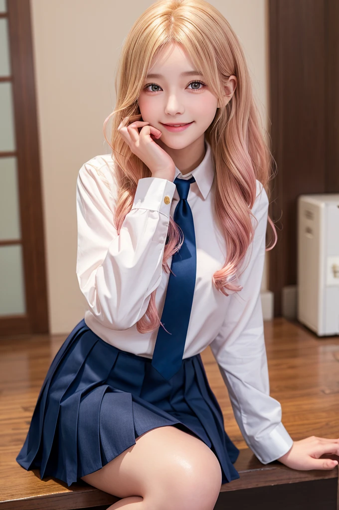 Highest quality,girl,high school girl,uniform,White long sleeve blouse,Dress shirt,Navy blue pleated skirt,Black knee-high, Blonde and pink hair, Brown eyes,cute,Sitting,wavy hair,smile,