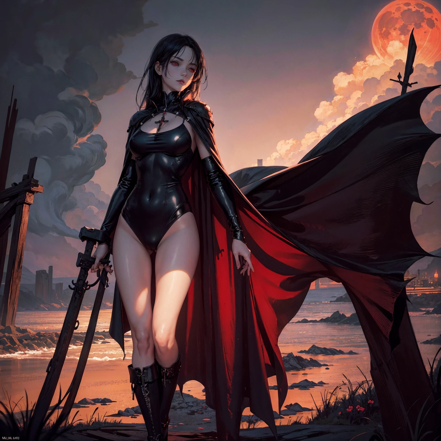 best quality, 4K, high resolution, masterpiece:1.2, Very detailed, actual:1.37, Mood lighting, Girl in a long cape, Wearing a reflective latex one-piece swimsuit and a pair of knee-high stockings, Exposes the navel, Aloofness emotion, Dangerous sneer, Beautiful but cruel smile, Black Hair, Standing, Facing the camera, Crucified, Pitch black sky, Blood-red moon, strange atmosphere, Gothic style, Unforgettable beauty, Dramatic shadows, Ethereal Light, Mysterious atmosphere.