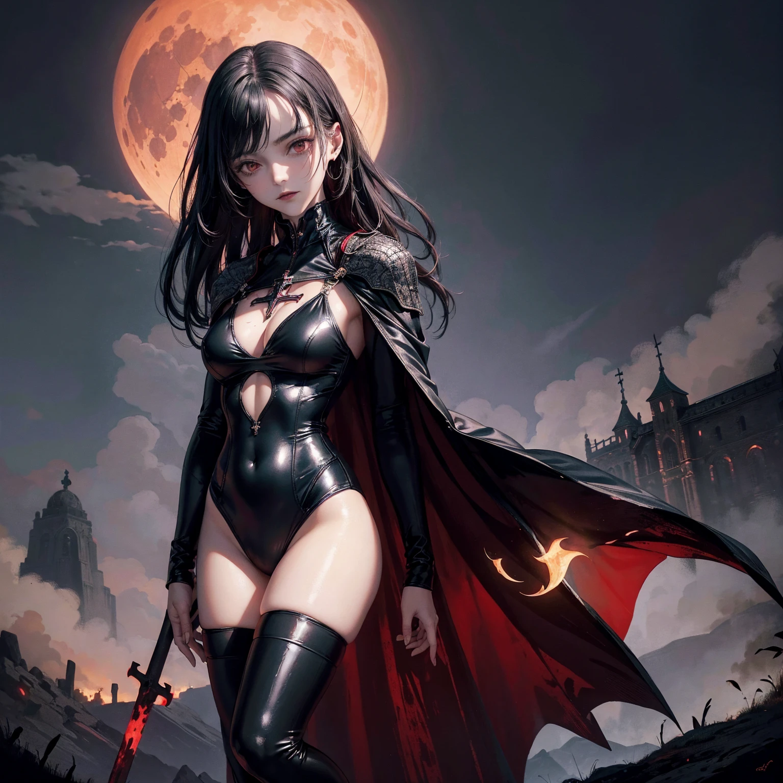best quality, 4K, high resolution, masterpiece:1.2, Very detailed, actual:1.37, Mood lighting, Girl in a long cape, Wearing a reflective latex one-piece swimsuit and a pair of knee-high stockings, Exposes the navel, Aloofness emotion, Dangerous sneer, Beautiful but cruel smile, Black Hair, Standing, Facing the camera, Crucified, Pitch black sky, Blood-red moon, strange atmosphere, Gothic style, Unforgettable beauty, Dramatic shadows, Ethereal Light, Mysterious atmosphere.