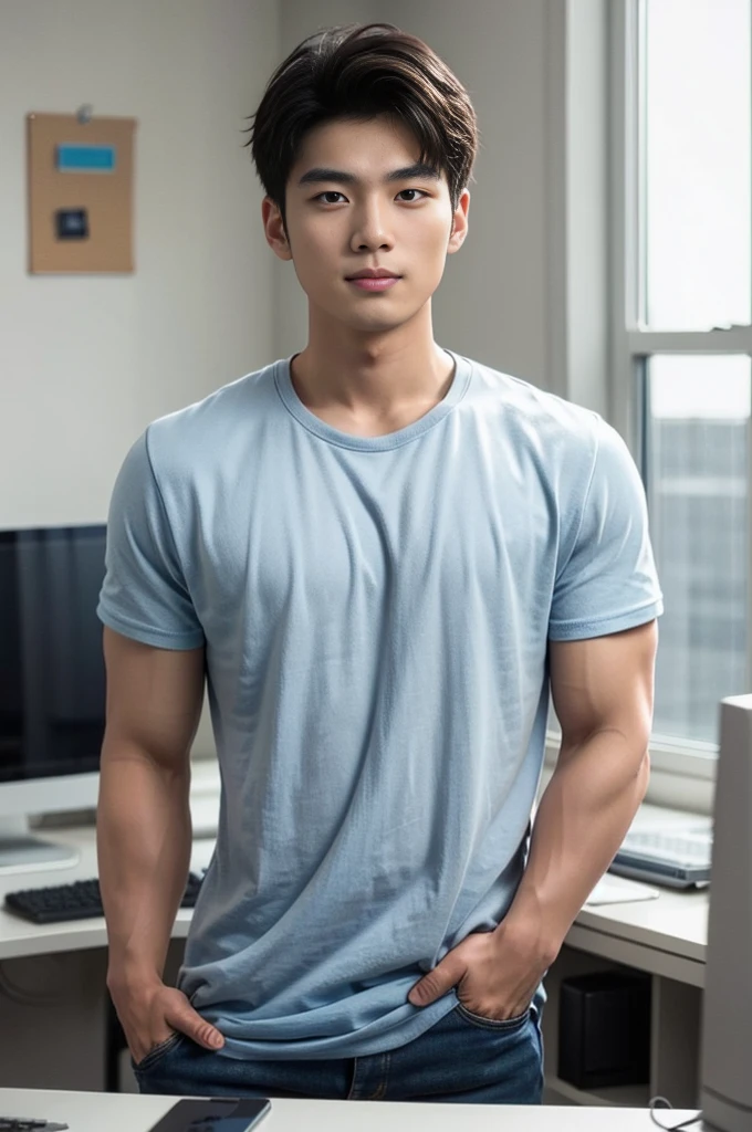 A handsome, muscular young Asian man looks at the camera. In a simple gray polo shirt , By the restaurant, mouth open and smiling