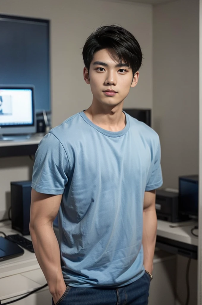 A young Asian man stands, handsome, muscular, looking at the camera. In a simple navy blue T-shirt., In the computer room