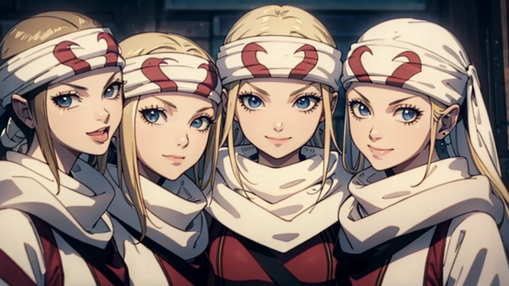  masterpiece best quality  blonde、3girls standing、 cowl  headband evil smile evil grin standing together hugging tongue out saliva