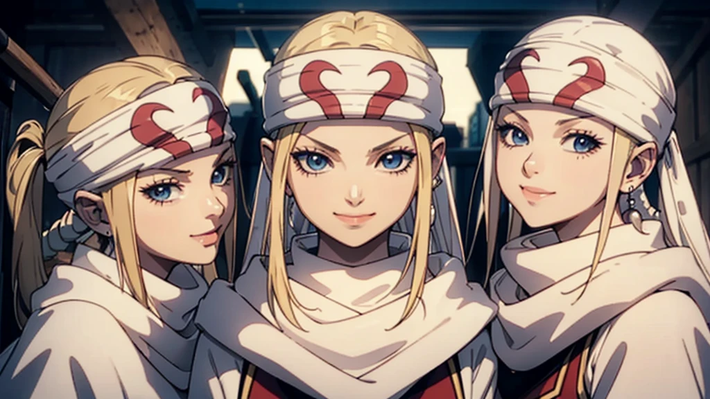 masterpiece best quality blonde、3girls standing、 cowl headband evil smile evil grin standing together hugging tongue out saliva