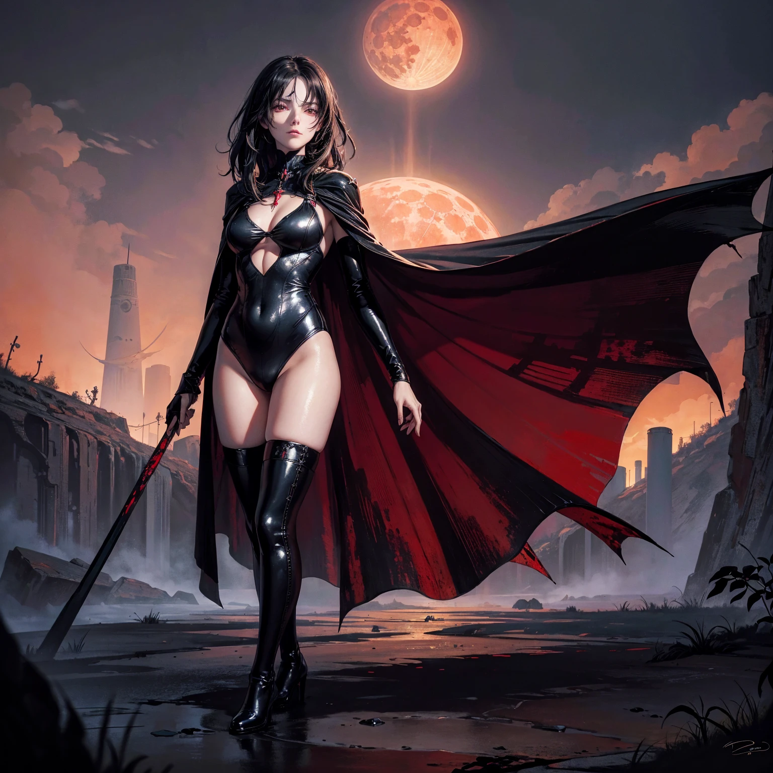 best quality, 4K, high resolution, masterpiece:1.2, Very detailed, actual:1.37, Mood lighting, Girl in a long cape, Wearing a reflective latex one-piece swimsuit and a pair of knee-high stockings, Exposes the navel, Aloofness emotion, Dangerous sneer, Beautiful but cruel smile, Black Hair, Standing, Facing the camera, Crucified, Pitch black sky, Blood-red moon, strange atmosphere, Gothic style, Unforgettable beauty, Dramatic shadows, Ethereal Light, Mysterious atmosphere.