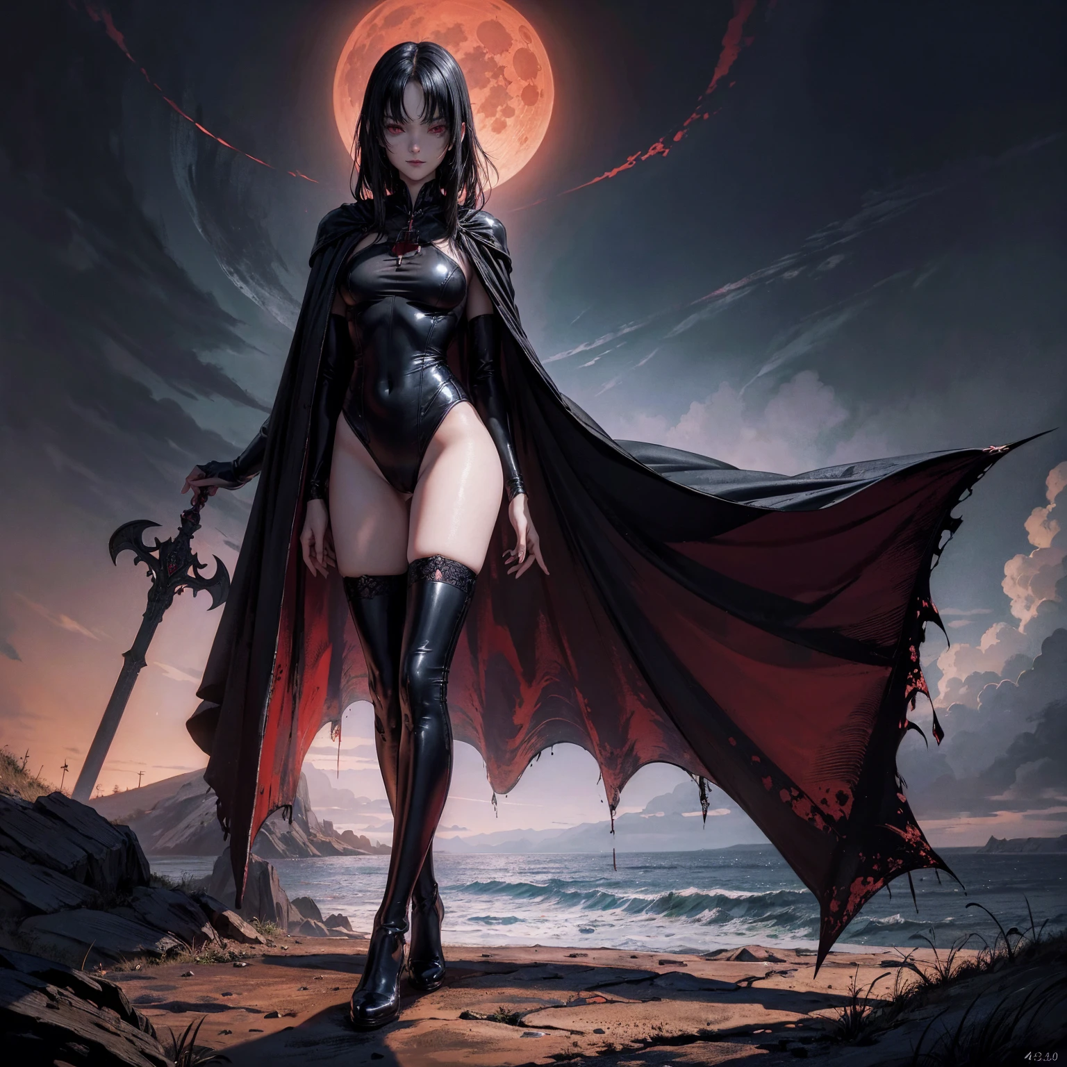 best quality, 4K, high resolution, masterpiece:1.2, Very detailed, actual:1.37, Mood lighting, Girl in a long cape, Wearing a reflective latex one-piece swimsuit and a pair of knee-high stockings, Exposes the navel, Aloofness emotion, Dangerous sneer, Beautiful but cruel smile, Black Hair, Standing, Facing the camera, Crucified, Pitch black sky, Blood-red moon, strange atmosphere, Gothic style, Unforgettable beauty, Dramatic shadows, Ethereal Light, Mysterious atmosphere.