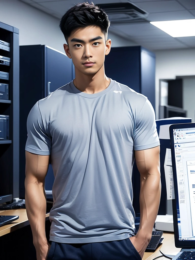 A young Asian man stands, handsome, muscular, looking at the camera. In a simple navy blue T-shirt., In the computer room