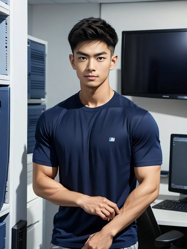 A young Asian man stands, handsome, muscular, looking at the camera. In a simple navy blue T-shirt., In the computer room