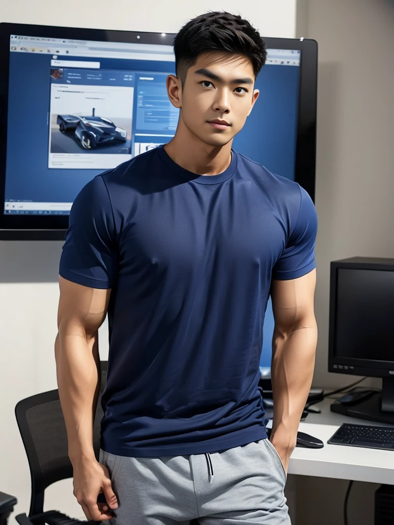 A young Asian man stands, handsome, muscular, looking at the camera. In a simple navy blue T-shirt., In the computer room