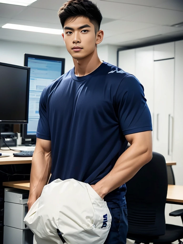 A young Asian man stands, handsome, muscular, looking at the camera. In a simple navy blue T-shirt., In the computer room