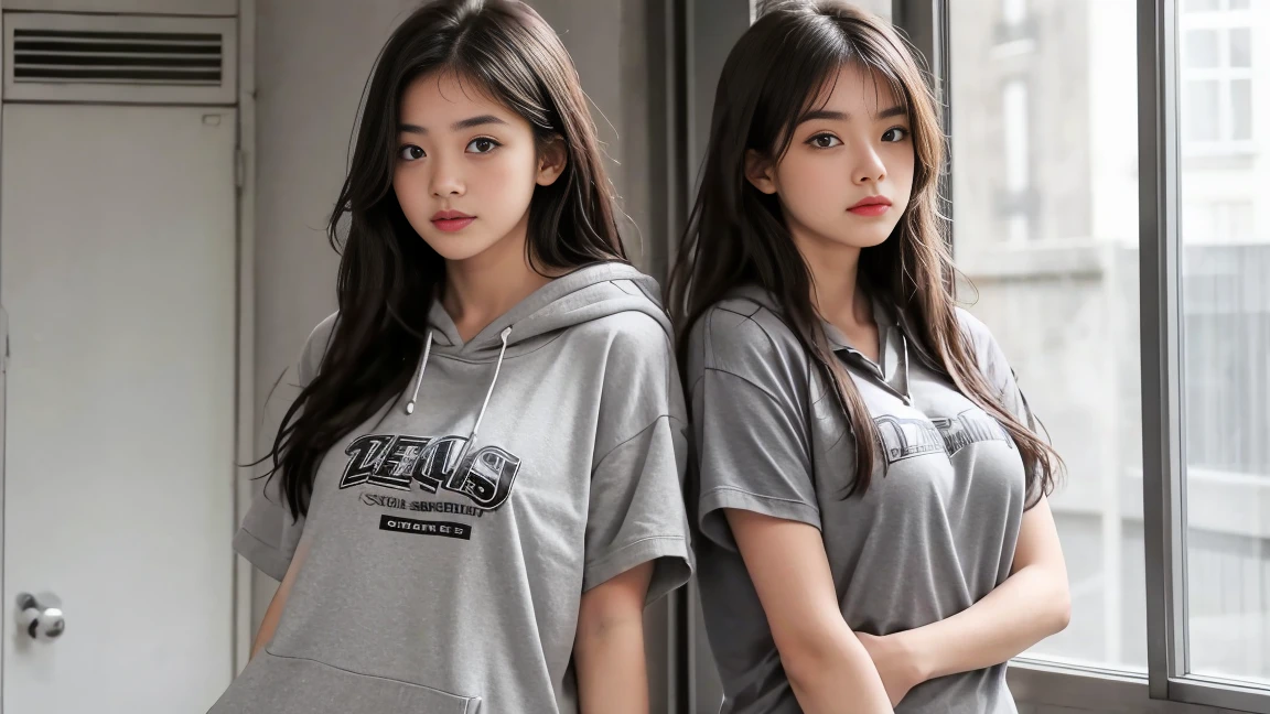 deux femmes ensemble de 18 ans sexy et mince , gray short sleeve hoodie , salle de classe, se touche,position sey,sensuel