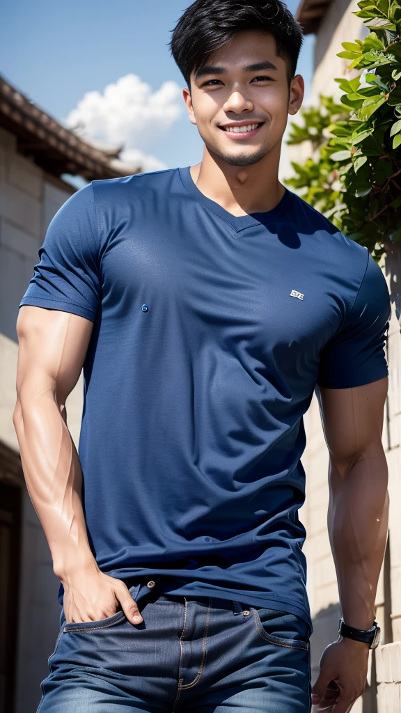 man , Blue t-shirt, jeans, black short hair , outdoor , cute smile , หน้าhandsomeแบบเกาหลีสมจริง , modest muscles , Masterpiece、High resolution、Surreal、detailed face、alone、man、Glowing skin、(Asia)、handsome、tall building background