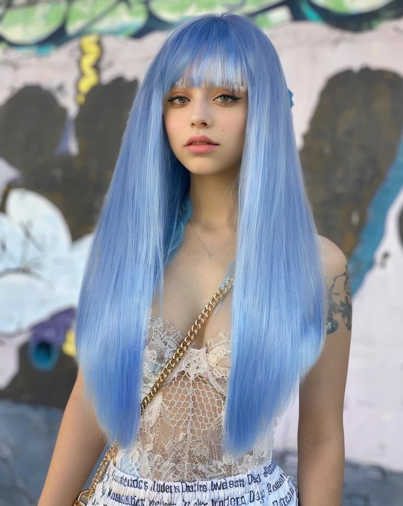 arafed woman with blue hair and a chain around her neck, sky blue straight hair, straight sky blue hair, pastel blue, doja cat, long azure blue hair, long flowing blue hair, girl with blue hair, long blue hair, light blue hair, long cyan hair, pretty girl with blue hair, sky blue hair, blue long hair