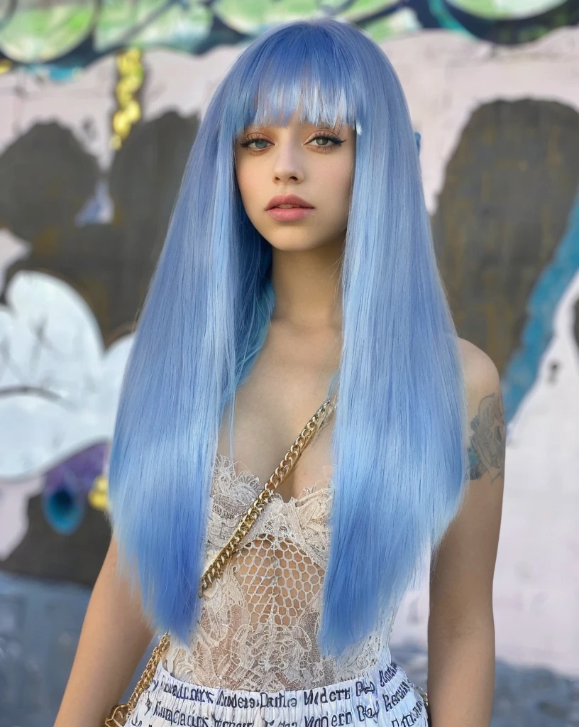 arafed woman with blue hair and a chain around her neck, sky blue straight hair, straight sky blue hair, pastel blue, doja cat, long azure blue hair, long flowing blue hair, girl with blue hair, long blue hair, light blue hair, long cyan hair, pretty girl with blue hair, sky blue hair, blue long hair