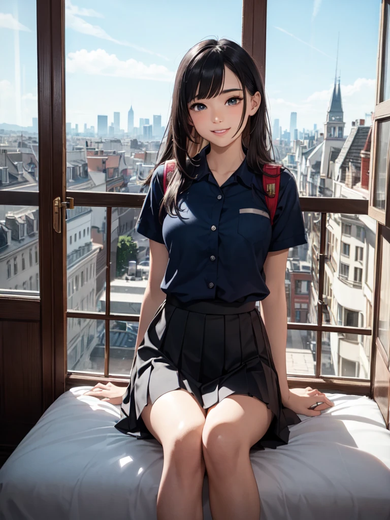 very cute and beautiful girl,(Very exquisite beautiful face and eyes),
(Captivating smile:1.2),blush,Embarrassing,View your viewers,Black Hair,Seraphim,Short sleeve,Pleated navy blue mini skirt,
Sit on the bedsheets,Put your arms behind your back,school bag,Pouch,Antique hotel bedroom,window,Distant city view,
(Highest quality,masterpiece),Absurd,High resolution,Very detailed,Very detailed,32K,8k resolution,
Intricate details,Movie Scenes,Detailed Background,alone,Dynamic Angle,Realistic,