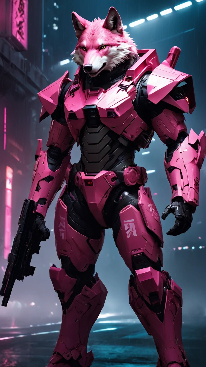 a wolf in the dark, mecha, sci-fi armor, matte pink angular armor, Blade Runner 2049, pink style, pink fur