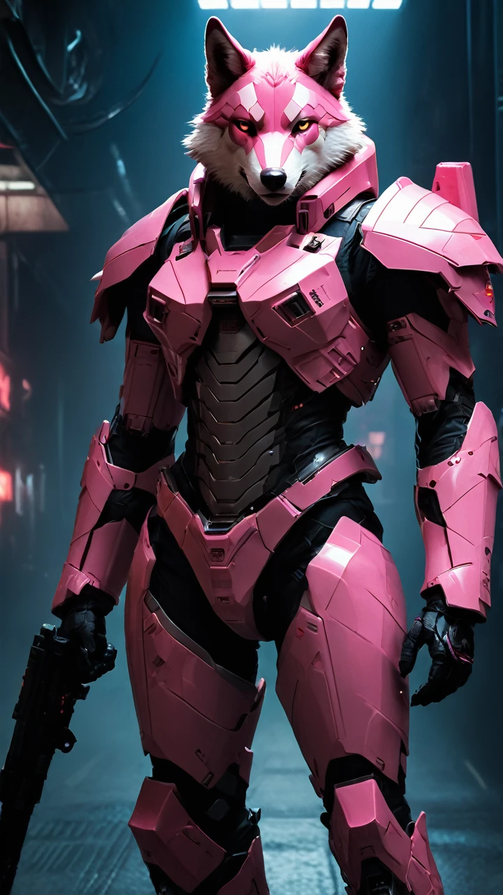 a wolf in the dark, mecha, sci-fi armor, matte pink angular armor, Blade Runner 2049, pink style, pink fur