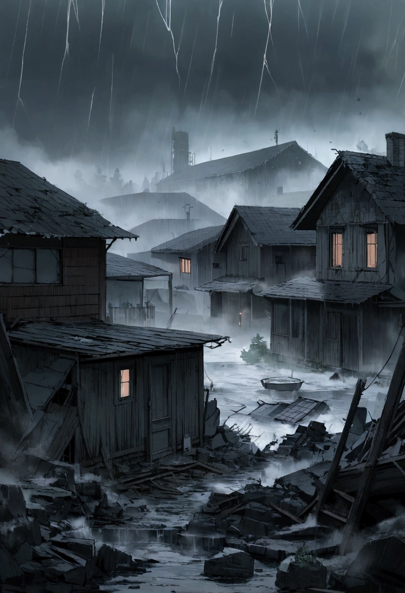 A house with a dark and gloomy environment with a storm, fogs and ice. blackout, power outage and the storm had hit everyone. It was dark, a disaster outside. Horrible backyard, Garden, some houses hit by the disaster, others still had energy, the yards were clean and well maintained.