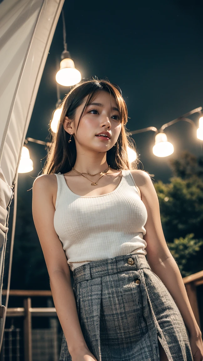 (((One girl:1.3))), ((23 years old:1.3)), (She is my daughter), 
break 
(Surprised Smile:1.2), 
((Medium large breasts:1.3)), (Accentuated breasts:1.3, Movie chest, Shapely breasts:1.1, Perfect body), 
break 
(neat fashion:1.3), (white-theme:1.3), (High neck sleeveless sweater:1.3), ((Gold Necklace:1.2))
break 
pleated skirt((color : green + Silver) high waist, (pattern : Plaid)):1.3), 
break 
(Standing leaning against the rail(color : white) wooden deck(Outdoor, open minded) Glamping Tent ((Gorgeous themes, Transparent Dome Tent, Great atmosphere, Great lighting, Transparent dome tent surrounded by nature)):1.3), ((Long Shot:1.5)), ((At night:1.7)), 
break 
((Her serious expression、Create a photo that conveys the feeling of a relaxed and happy moment.:1.3)),
break 
(colorあせた写真:1.3), (Film Grain:1.3), Depth of written boundary, (Bokeh:1.1), (Light and shadow:1.4),
((Cowboy Shot:1.2)), ((From below:1.2)), ((Focus on her:1.2)), 