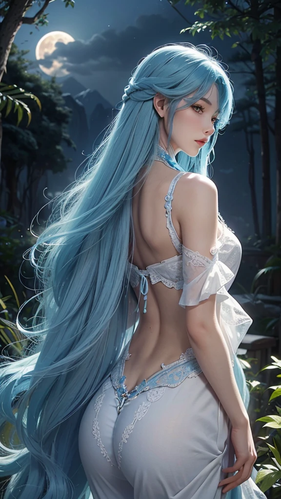 Capricorn Full Moon　Full Moon Healing　meditation　Back view　Nature High Resolution, Long Hair, Blue Hair/Light blue hair, masterpiece, Anatomically correct, accurate, quality, High detail, 高quality, Back view, Overlooking, 