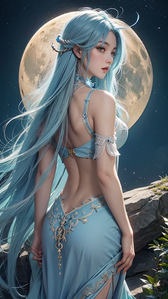 Capricorn Full Moon Full Moon Healing meditation Back view Nature High Resolution, Long Hair, Blue Hair/Light blue hair, masterpiece, Anatomically correct, accurate, quality, High detail, 高quality, Back view, Overlooking,