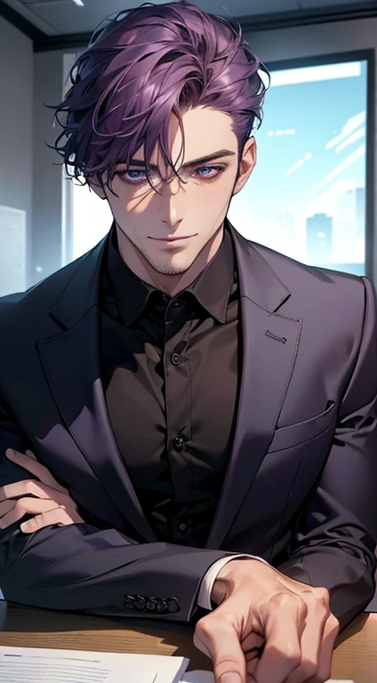 (best quality,4k,8k,highres,masterpiece:1.2),ultra-detailed,(realistic,photorealistic,photo-realistic:1.37),1 man,31 years old,mature man,very handsome,without expression,smile,short purple hair,blue eyes,penetrating gaze,perfect face without errors,imposing posture,businessman,office background,cinematic lighting,hdr image