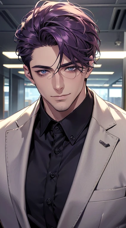 (best quality,4k,8k,highres,masterpiece:1.2),ultra-detailed,(realistic,photorealistic,photo-realistic:1.37),1 man,31 years old,mature man,very handsome,without expression,smile,short purple hair,blue eyes,penetrating gaze,perfect face without errors,imposing posture,businessman,office background,cinematic lighting,hdr image