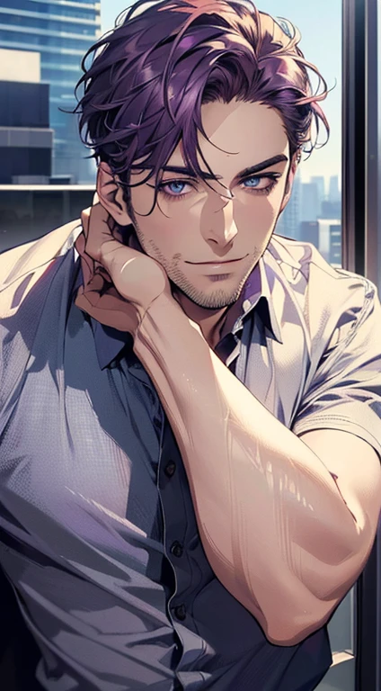 (best quality,4k,8k,highres,masterpiece:1.2),ultra-detailed,(realistic,photorealistic,photo-realistic:1.37),1 man,31 years old,mature man,very handsome,without expression,smile,short purple hair,blue eyes,penetrating gaze,perfect face without errors,imposing posture,businessman,office background,cinematic lighting,hdr image