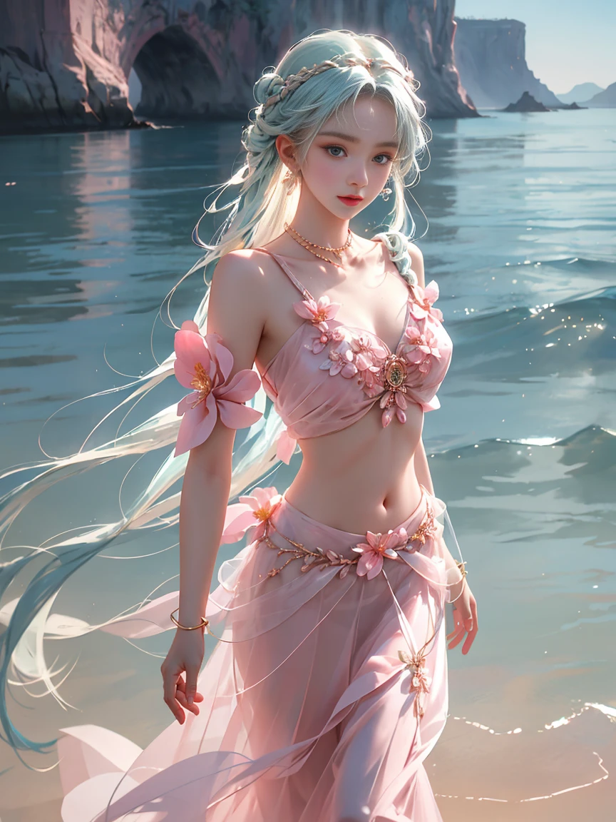 (1 Girl:1.3), Solitary, __body parts__, Official Art, Unity 8K wallpaper, Extremely detailed, beautiful and aesthetic, masterpiece, best quality, Raw, Ultra-detailed photos, best quality, Ultra-high resolution, Photorealism, Sunlight, Full body portrait, Stunning beauty, Delicate face, Vibrant eyes, (From the front), Delicate face, Gorgeous, Highly refined skin, Realistic skin details, Visible pores, Clear focus, Volumetric Fog, 8K Ultra HD, Digital SLR Camera, high quality, Film Grain, White skin, Photo Realism, Ocean blue hair, Ocean blue hair, breast, open eyes, Slit sleeves, Skinny, transparent, pink, skirt, transparent panties, blue, Twist Braid, Long braids, Jewelry, gold accessories, Gorgeous配饰, complicated, Delicate lips, Long hair, medium breast, outdoor, Tightly closed lips, petal, Peach Blossom, permanent, Dynamic poses, Upper Body