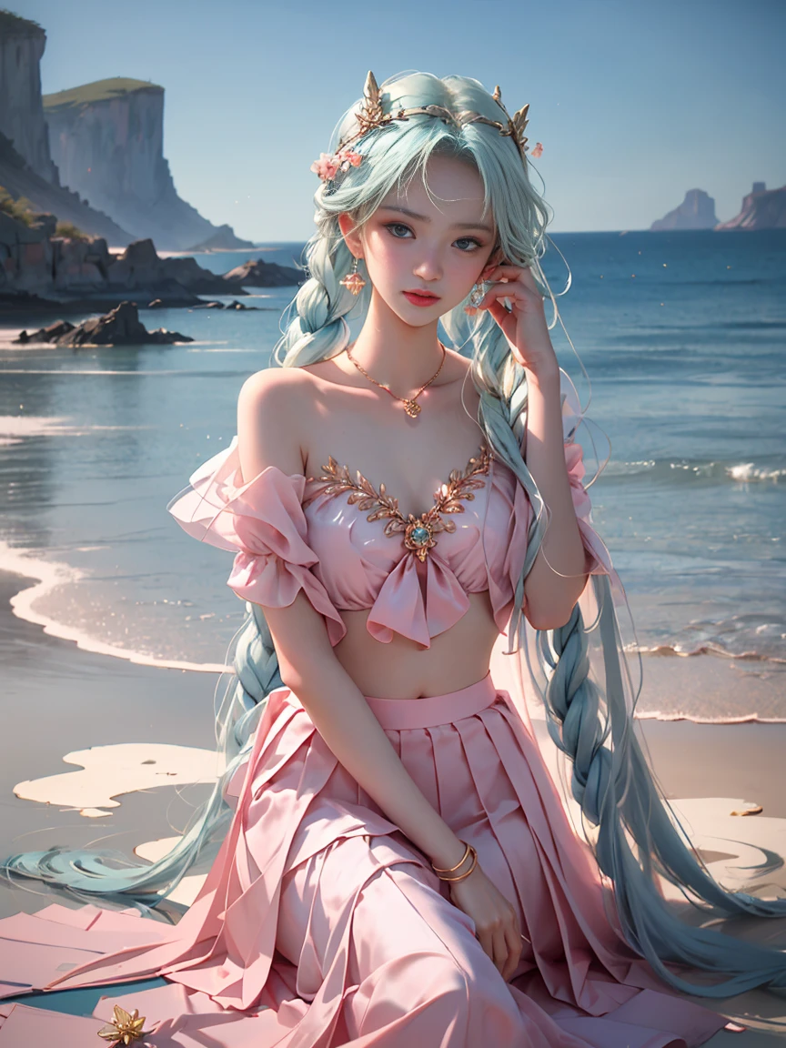 (1 Girl:1.3), Solitary, __body parts__, Official Art, Unity 8K wallpaper, Extremely detailed, beautiful and aesthetic, masterpiece, best quality, Raw, Ultra-detailed photos, best quality, Ultra-high resolution, Photorealism, Sunlight, Full body portrait, Stunning beauty, Delicate face, Vibrant eyes, (From the front), Delicate face, Gorgeous, Highly refined skin, Realistic skin details, Visible pores, Clear focus, Volumetric Fog, 8K Ultra HD, Digital SLR Camera, high quality, Film Grain, White skin, Photo Realism, Ocean blue hair, Ocean blue hair, breast, open eyes, Slit sleeves, Skinny, transparent, pink, skirt, transparent panties, blue, Twist Braid, Long braids, Jewelry, gold accessories, Gorgeous配饰, complicated, Delicate lips, Long hair, medium breast, outdoor, Tightly closed lips, petal, Peach Blossom, permanent, Dynamic poses, Upper Body