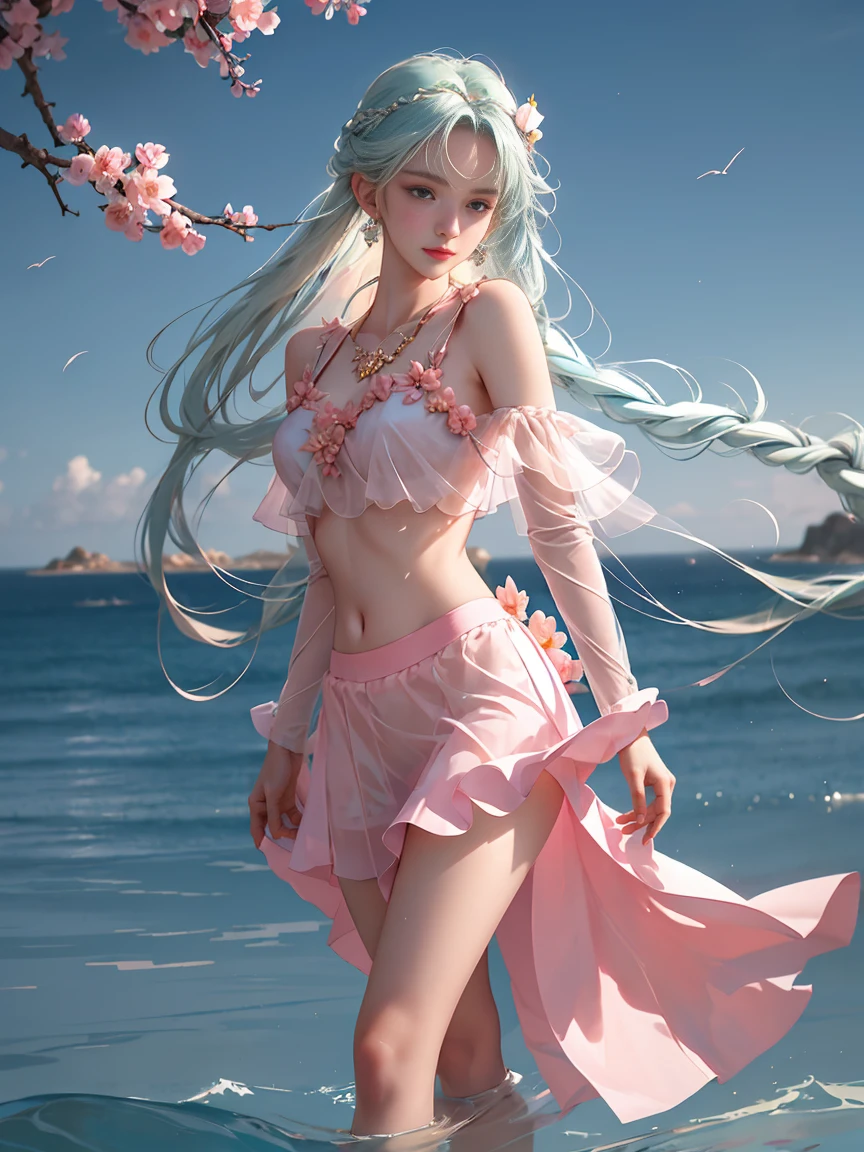(1 Girl:1.3), Solitary, __body parts__, Official Art, Unity 8K wallpaper, Extremely detailed, beautiful and aesthetic, masterpiece, best quality, Raw, Ultra-detailed photos, best quality, Ultra-high resolution, Photorealism, Sunlight, Full body portrait, Stunning beauty, Delicate face, Vibrant eyes, (From the front), Delicate face, Gorgeous, Highly refined skin, Realistic skin details, Visible pores, Clear focus, Volumetric Fog, 8K Ultra HD, Digital SLR Camera, high quality, Film Grain, White skin, Photo Realism, Ocean blue hair, Ocean blue hair, breast, open eyes, Slit sleeves, Skinny, transparent, pink, skirt, transparent panties, blue, Twist Braid, Long braids, Jewelry, gold accessories, Gorgeous配饰, complicated, Delicate lips, Long hair, medium breast, outdoor, Tightly closed lips, petal, Peach Blossom, permanent, Dynamic poses, Upper Body
