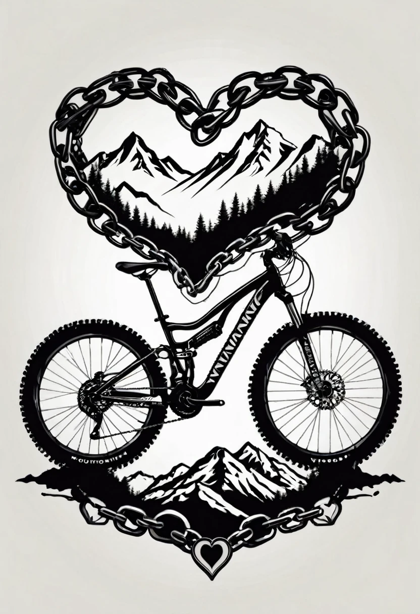 T-shirt design, a heart-shaped chain, mountain bike, text logo: MOUNTAINVIKING, white background