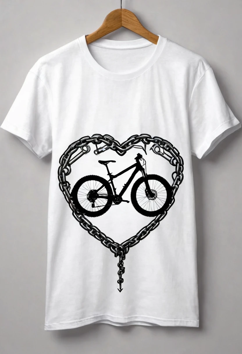 T-shirt design, a heart-shaped chain, mountain bike, text logo: MOUNTAINVIKING, white background