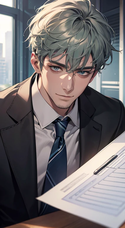 (best quality,4k,8k,highres,masterpiece:1.2),ultra-detailed,(realistic,photorealistic,photo-realistic:1.37),1 man,31 years old,mature man,very handsome,without expression,smile,short grey green hair,blue eyes,penetrating gaze,perfect face without errors,imposing posture,businessman,office background,cinematic lighting,hdr image