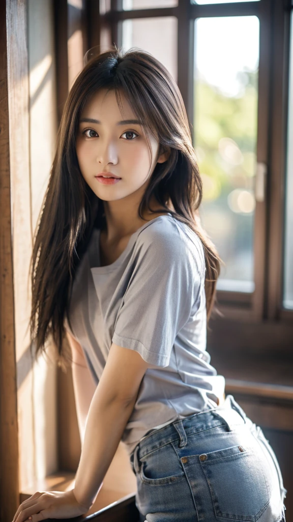 Japan Girl,beautiful girlfriend,a beauty,Raw foto,8K,morning sun lighting,Gray T-shirt and jeans miniskirt,Smooth long hair,A dark-haired,A detailed face,Detailed skin,Detailed eyes,(Slim body:1.3), girl in,About 23 years old,