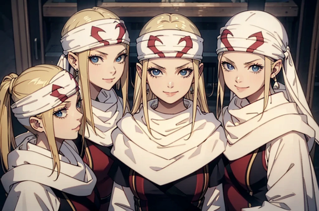 masterpiece best quality blonde、3girls standing、 cowl headband evil smile evil grin standing together hugging tongue out saliva