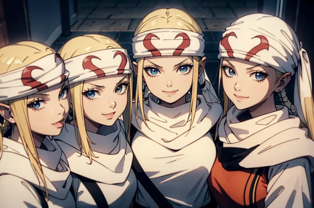  masterpiece best quality  blonde、3girls standing、 cowl  headband evil smile evil grin standing together hugging tongue out saliva