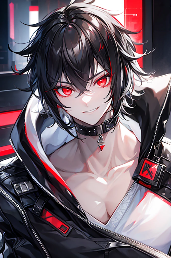portrait, male, beauty, black hair, shaggy cut, red eyes, cyberpunk, white jumper, black hoodie, kindness, smile