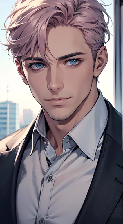 (best quality,4k,8k,highres,masterpiece:1.2),ultra-detailed,(realistic,photorealistic,photo-realistic:1.37),1 man,31 years old,mature man,very handsome,without expression,smile,short grey pink hair,blue eyes,penetrating gaze,perfect face without errors,imposing posture,businessman,office background,cinematic lighting,hdr image
