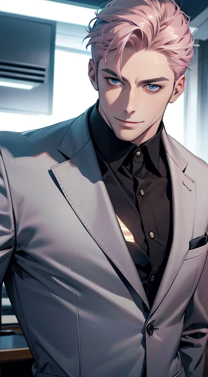 (best quality,4k,8k,highres,masterpiece:1.2),ultra-detailed,(realistic,photorealistic,photo-realistic:1.37),1 man,31 years old,mature man,very handsome,without expression,smile,short grey pink hair,blue eyes,penetrating gaze,perfect face without errors,imposing posture,businessman,office background,cinematic lighting,hdr image