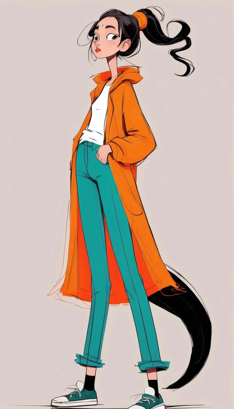 (((Exaggerated digital character sketches:1.37))).(1 Girl,Double tail,Lazy Clothing),(Black sketch lines,Loose brushstrokes create the outline,Cartoon Style. Bright colors and simplified lines, sketch)。(Exaggerated body movements,Long legs),