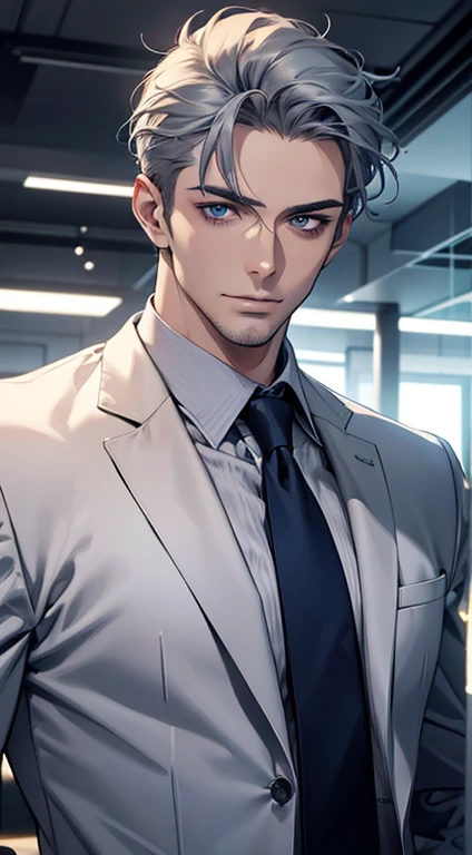 (best quality,4k,8k,highres,masterpiece:1.2),ultra-detailed,(realistic,photorealistic,photo-realistic:1.37),1 man,31 years old,mature man,very handsome,without expression,smile,short grey blue hair,blue eyes,penetrating gaze,perfect face without errors,imposing posture,businessman,office background,cinematic lighting,hdr image
