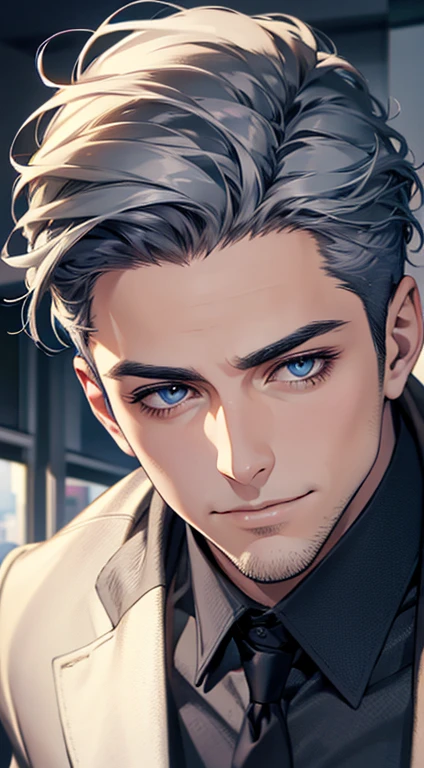 (best quality,4k,8k,highres,masterpiece:1.2),ultra-detailed,(realistic,photorealistic,photo-realistic:1.37),1 man,31 years old,mature man,very handsome,without expression,smile,short grey blue hair,blue eyes,penetrating gaze,perfect face without errors,imposing posture,businessman,office background,cinematic lighting,hdr image