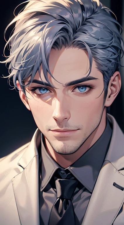 (best quality,4k,8k,highres,masterpiece:1.2),ultra-detailed,(realistic,photorealistic,photo-realistic:1.37),1 man,31 years old,mature man,very handsome,without expression,smile,short grey blue hair,blue eyes,penetrating gaze,perfect face without errors,imposing posture,businessman,office background,cinematic lighting,hdr image