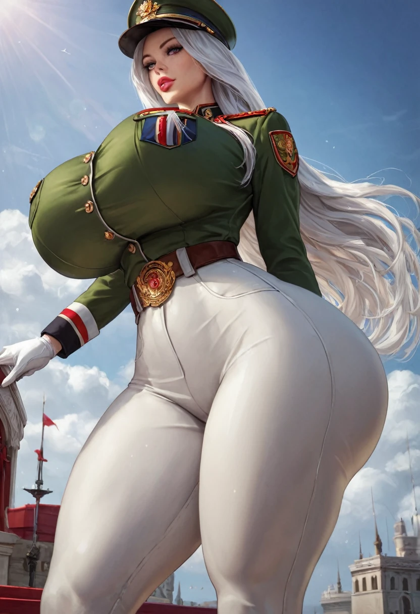 best quality, masterpiece, detailed, score 9, score 8 up, score 7 up, narrow waist, wide hips, huge ass, thick thighs, huge breasts, military uniform, silver hair, long hair