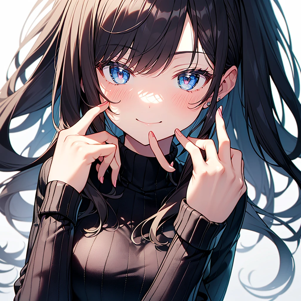 finger to mouth, ((masterpiece, best quality, ultra detailed face)) 1 girl, cute, beautiful, perfect fingers, smile, black hair, long hair, portrait, heart, white background, sweater,