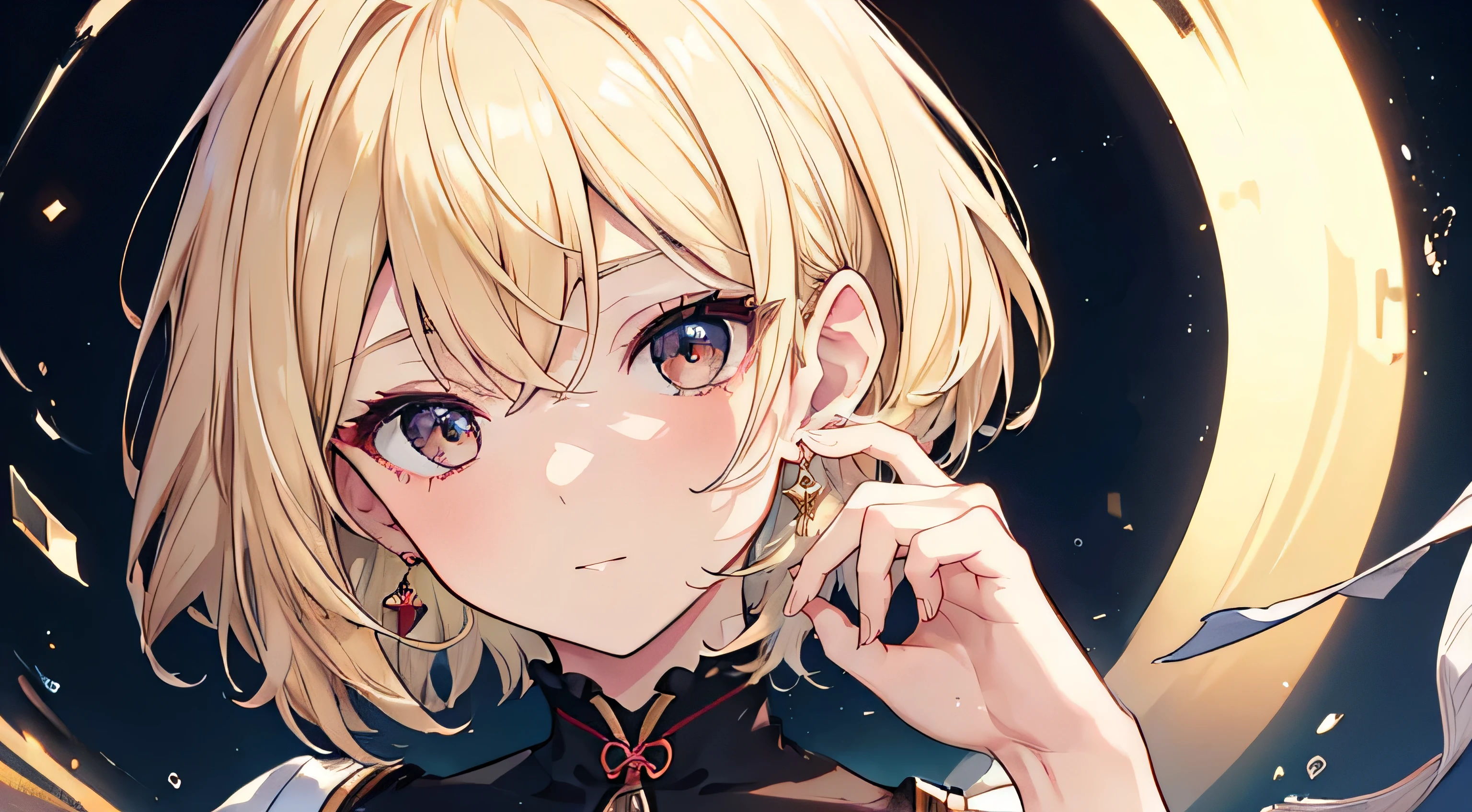 Highest quality, masterpiece, figure, wallpaper,One woman, Beautiful detailed woman, Highly detailed eyes and face, Beautiful attention to detail, Shine, View your viewers, Black Eyes,,Blonde ,crisp finger, clear background, deep night、Earrings,Age 25,Slim body,Shrine maiden,Short Hair